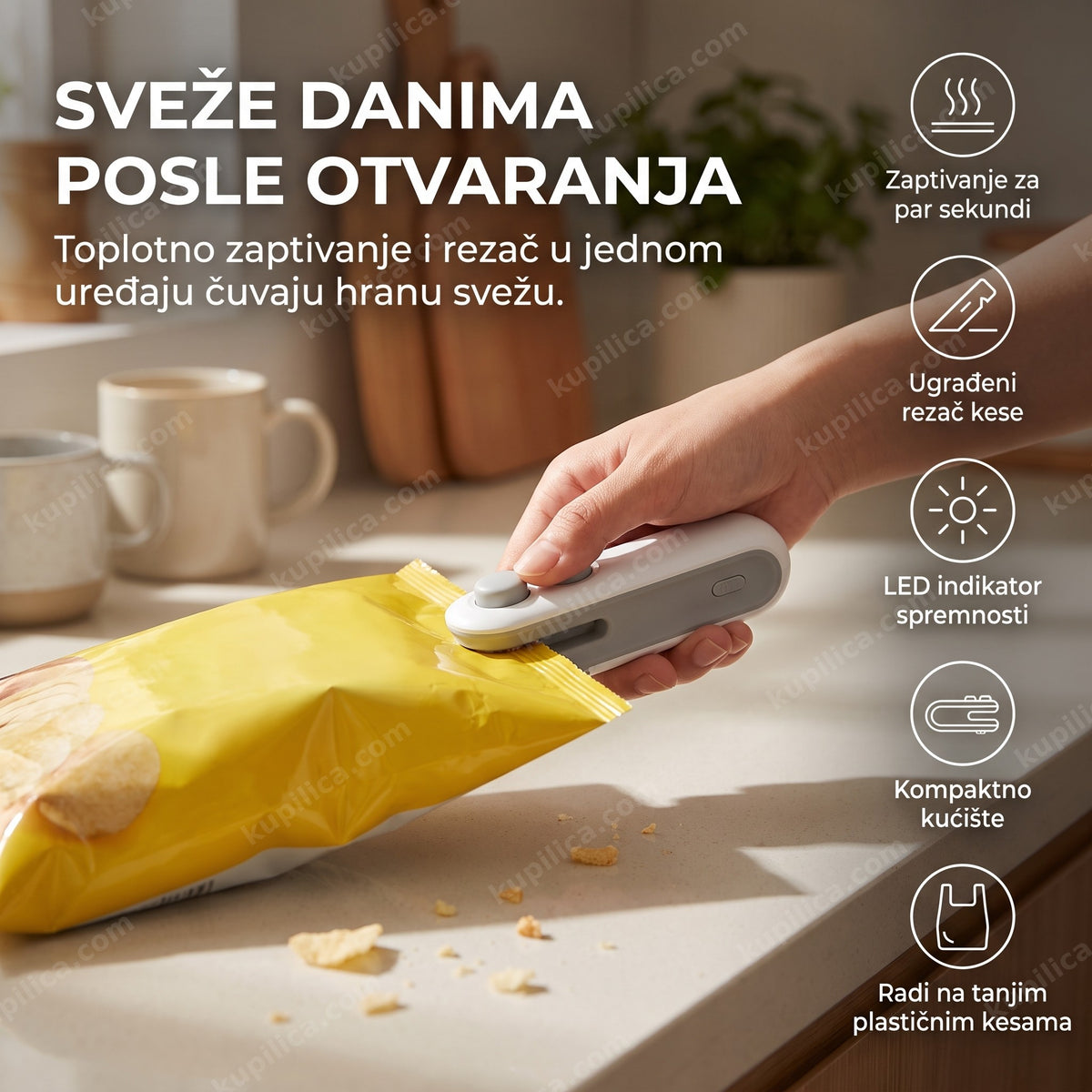 zatvarač za plastične kese zaptiva otvorenu kesu grickalica, prikaz benefita proizvoda