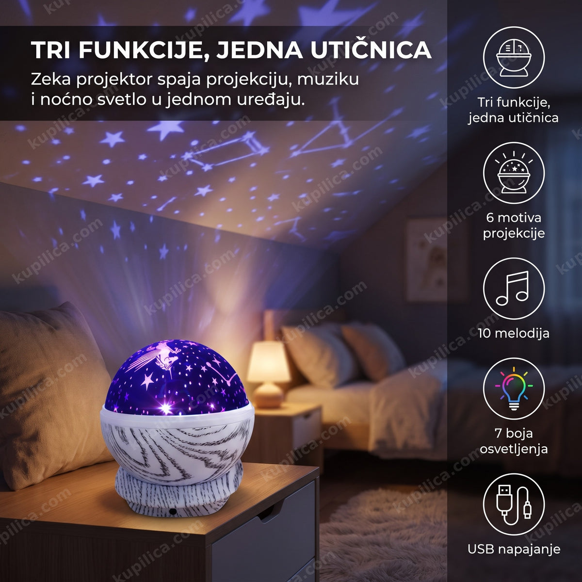 zeka projektor na noćnom stočiću projektuje zvezde na plafonu dečije sobe, benefiti proizvoda