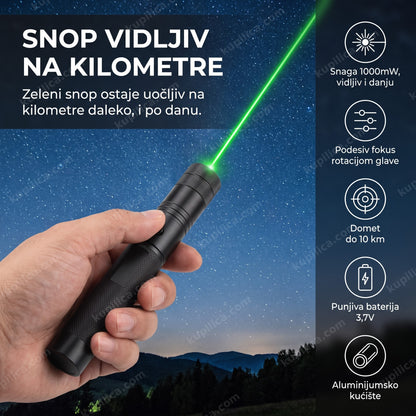 zeleni laser pointer sa snopom uperenim u zvezdano nebo, prikaz benefita proizvoda