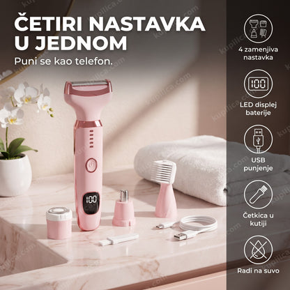 ženski električni brijač 4u1 sa led displejom i nastavcima na toaletnom stočiću