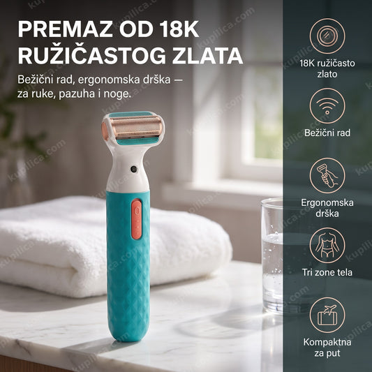 Ženski električni brijač u ružičastom zlatu na kupatilskom stočiću, benefiti proizvoda