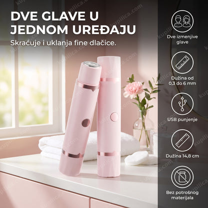 roze ženski trimer 2u1 sa dve izmenjive glave na polici u kupatilu