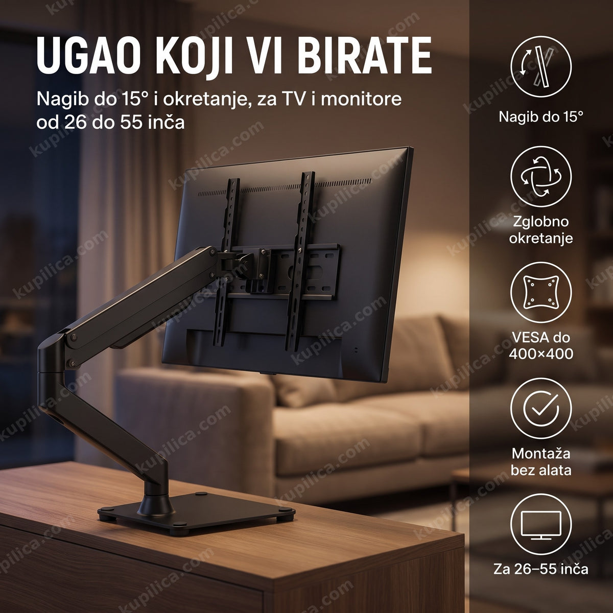 Zglobni nosač za televizor 26-55 inča sa TV postavljenim na sto pomoću zglobnog kraka