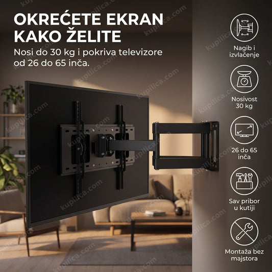 Zglobni nosač drži televizor zakrenut na zidu dnevne sobe, ekran ugašen