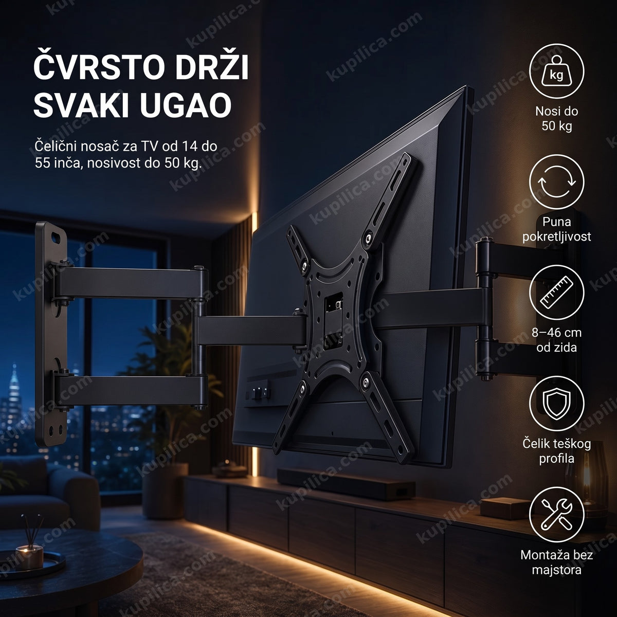 Zglobni nosač za TV 14-55 inča montiran na zidu u dnevnoj sobi
