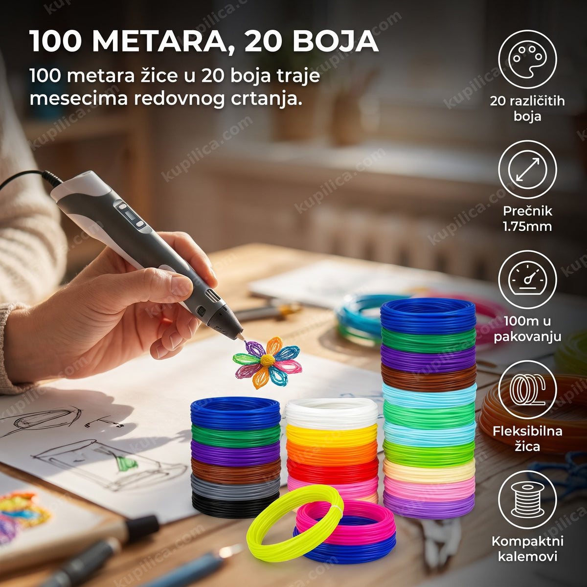 žica za 3d olovku sa šarenim kalemovima dok ruka crta cvet i benefiti proizvoda