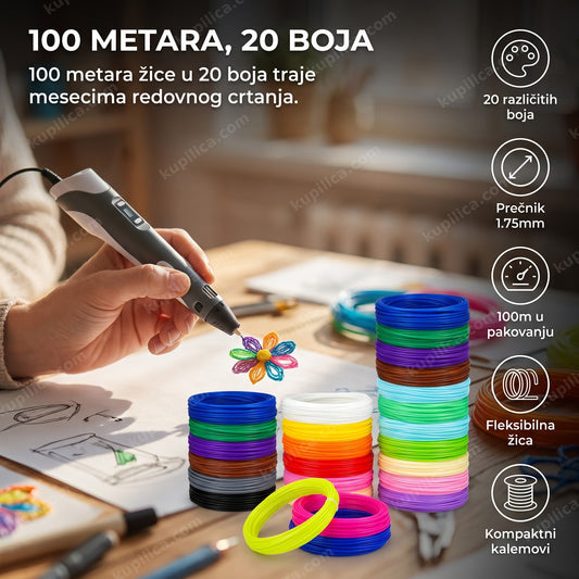 žica za 3d olovku sa šarenim kalemovima dok ruka crta cvet i benefiti proizvoda