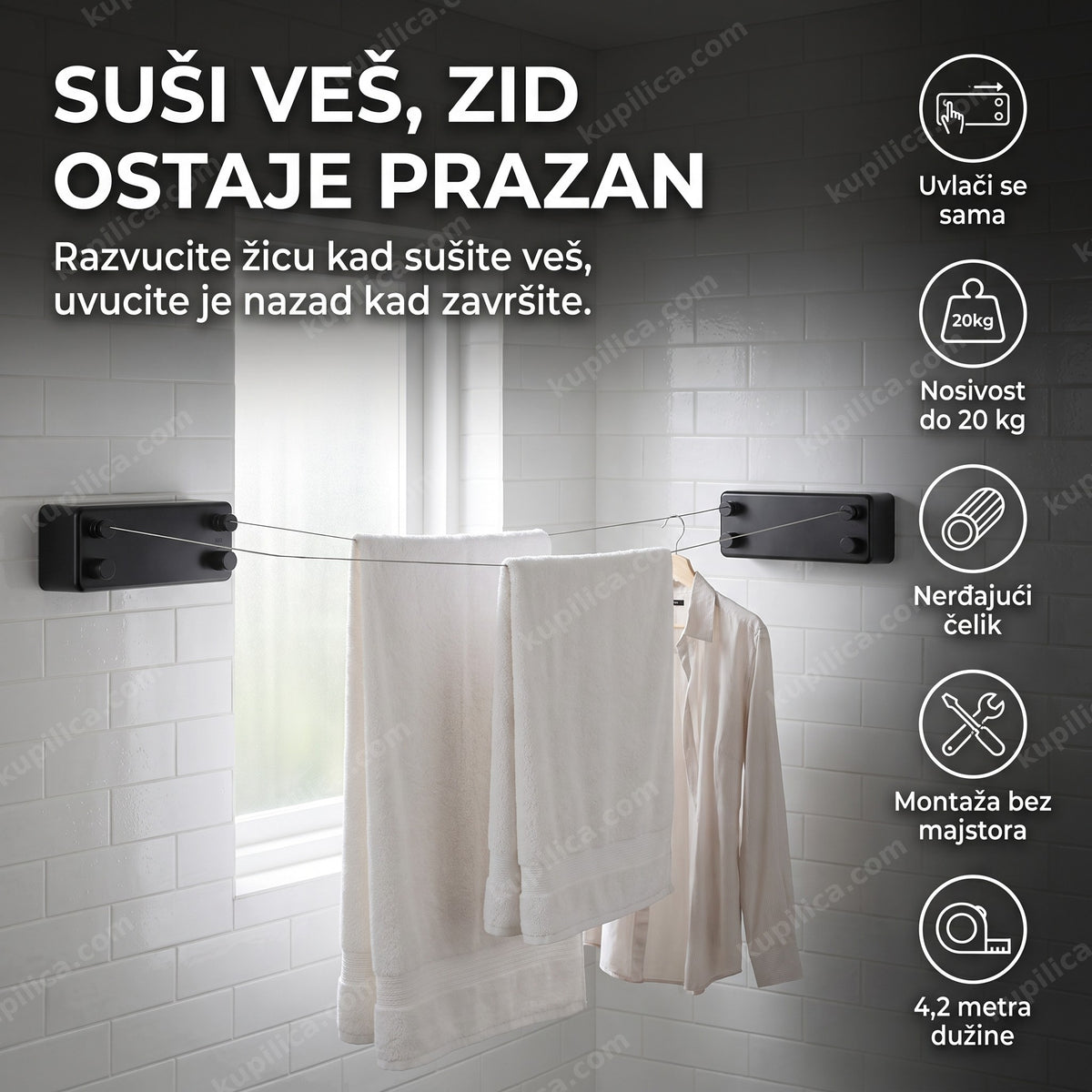 kupatilo sa žicom za sušenje veša na razvlačenje i okačenim peškirima, benefiti proizvoda