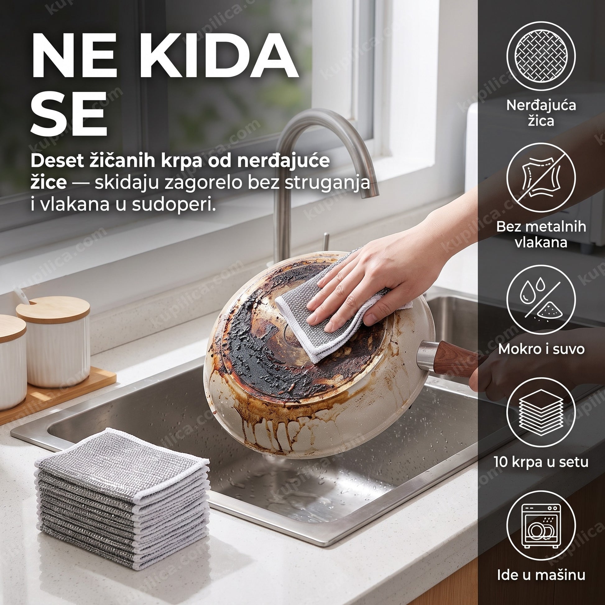 Osoba riba zagoreli tiganj žičanom krpom za čišćenje iznad sudopere