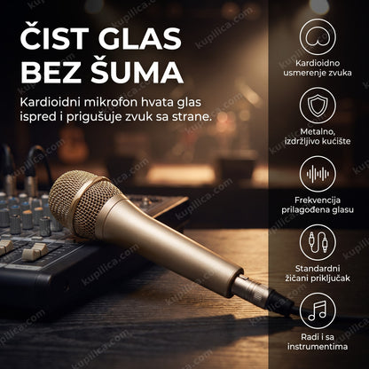 zlatni žičani mikrofon za vokal sa metalnom mrežicom u krupnom planu