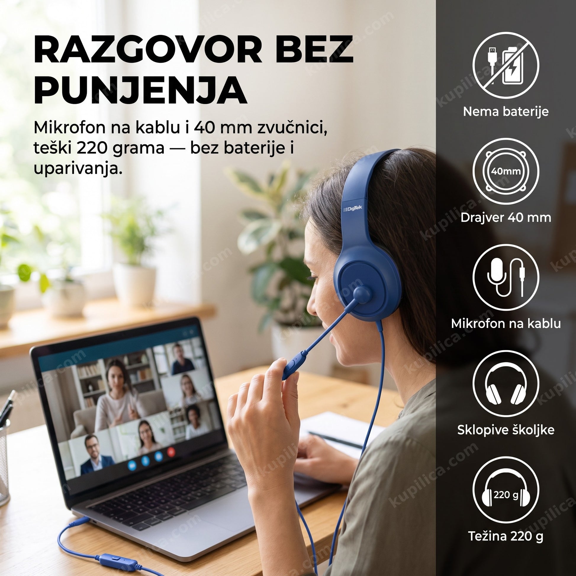 Osoba na video pozivu nosi žične slušalice SY-GX30 sa mikrofonom na kablu