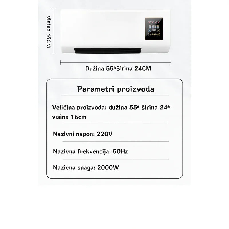 dimenzije zidne grejalice 2u1: dužina 55cm, širina 24cm, visina 16cm, snaga 2000w