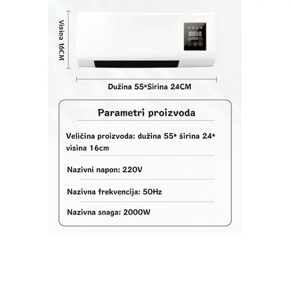 dimenzije zidne grejalice 2u1: dužina 55cm, širina 24cm, visina 16cm, snaga 2000w
