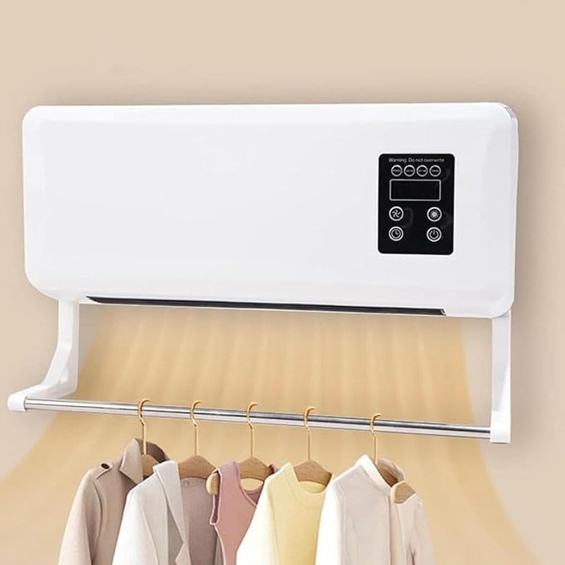 zidna grejalica 2u1 sa integrisanom šipkom za odeću i okačenim majicama ispod