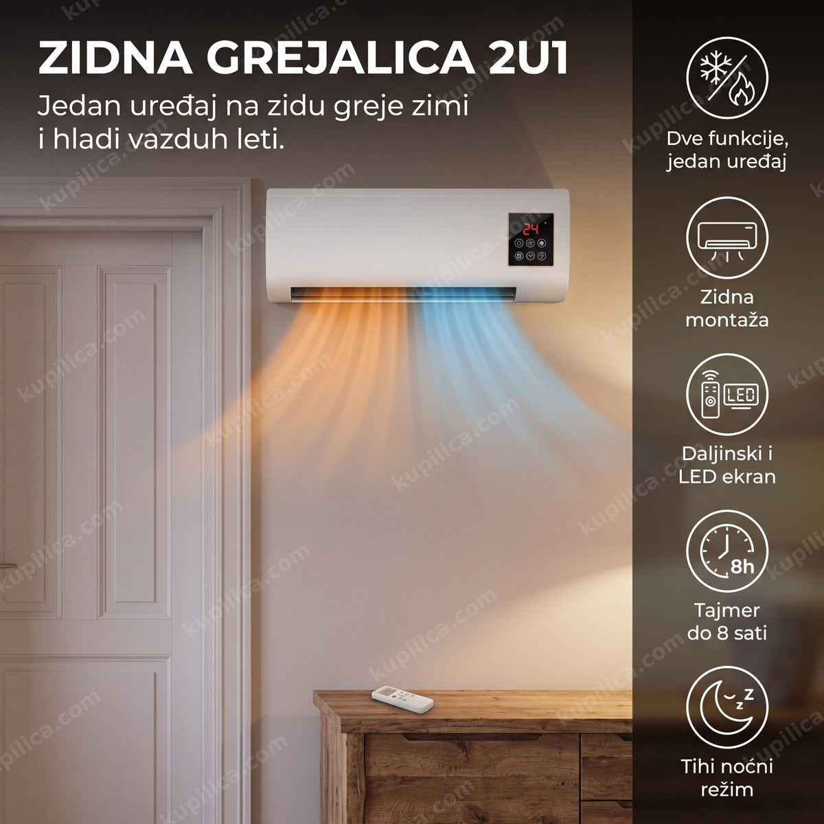 bela zidna grejalica 2u1 iznad vrata sa displejom i daljinskim upravljačem, benefiti proizvoda