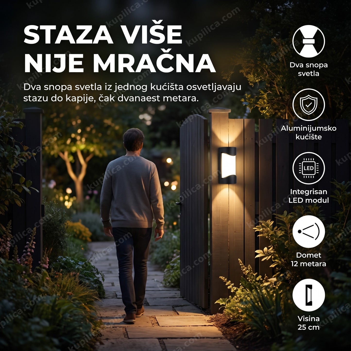 Zidna lampa DS-XS09 osvetljava baštensku stazu do kapije uveče