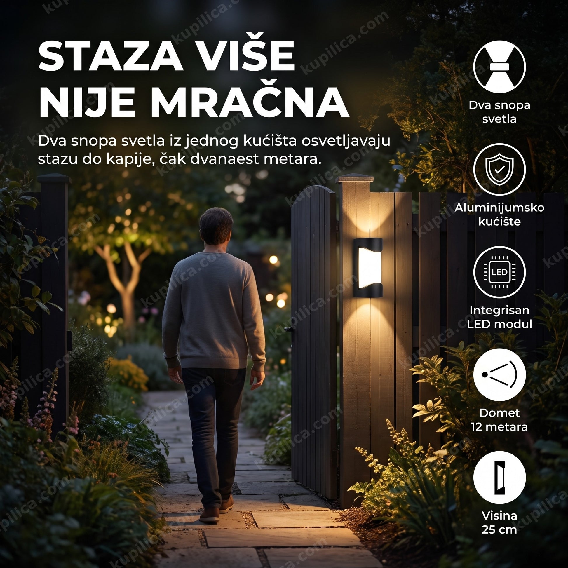 Zidna lampa DS-XS09 osvetljava baštensku stazu do kapije uveče