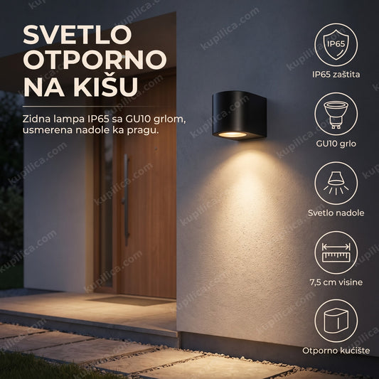 Crna ovalna zidna lampa GU10 IP65 pored ulaznih vrata uveče