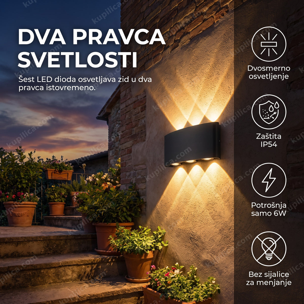 Crna LED zidna lampa up-down osvetljava fasadu terase uveče, benefiti proizvoda