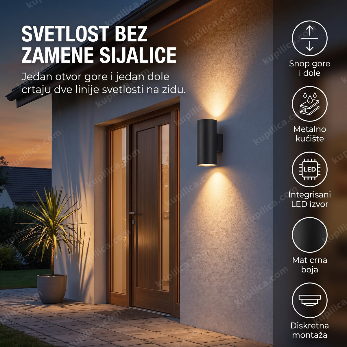 crna zidna lampa up-down pored ulaznih vrata kuće uveče, benefiti proizvoda
