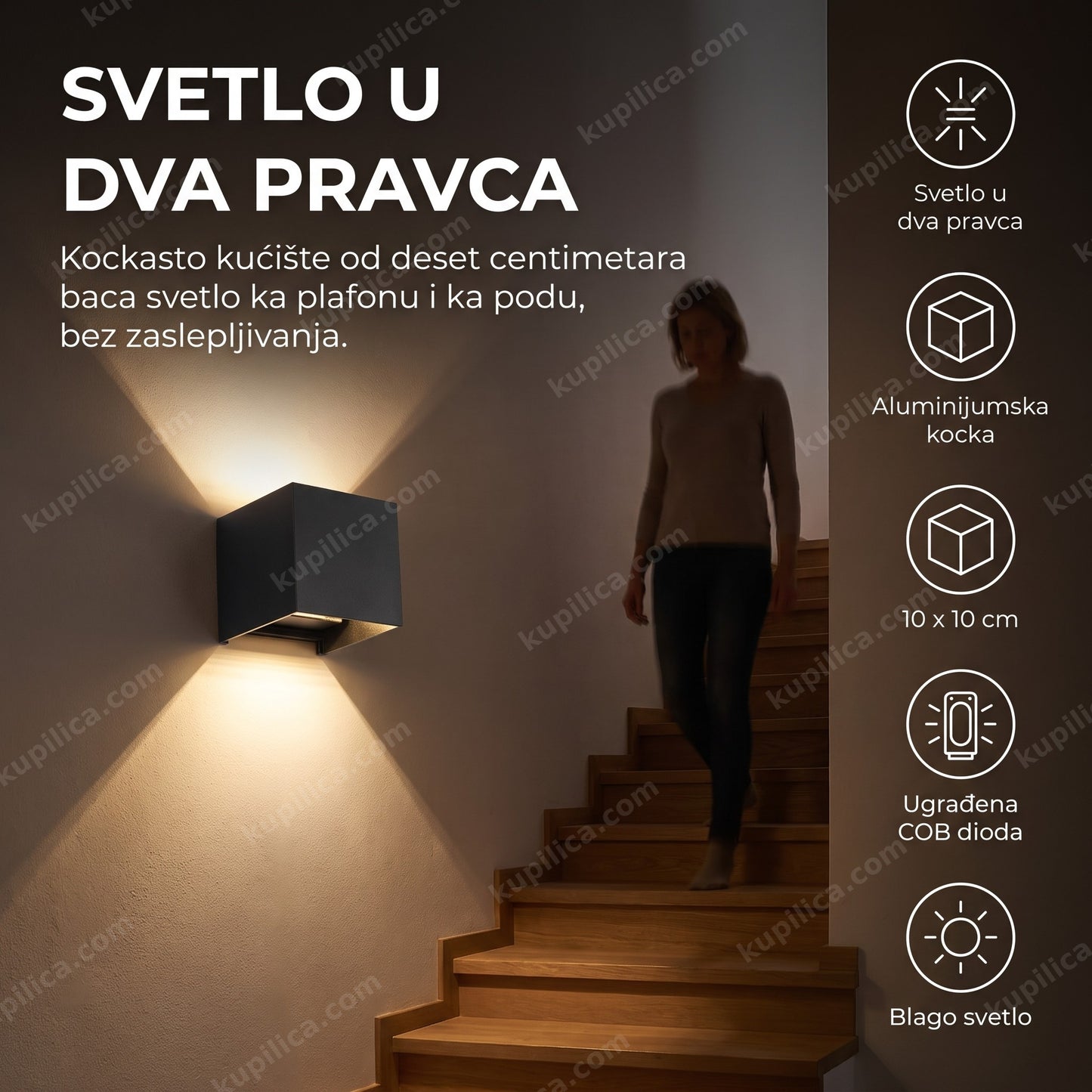 Zidna LED lampa kocka baca svetlo gore i dole pored stepeništa uveče