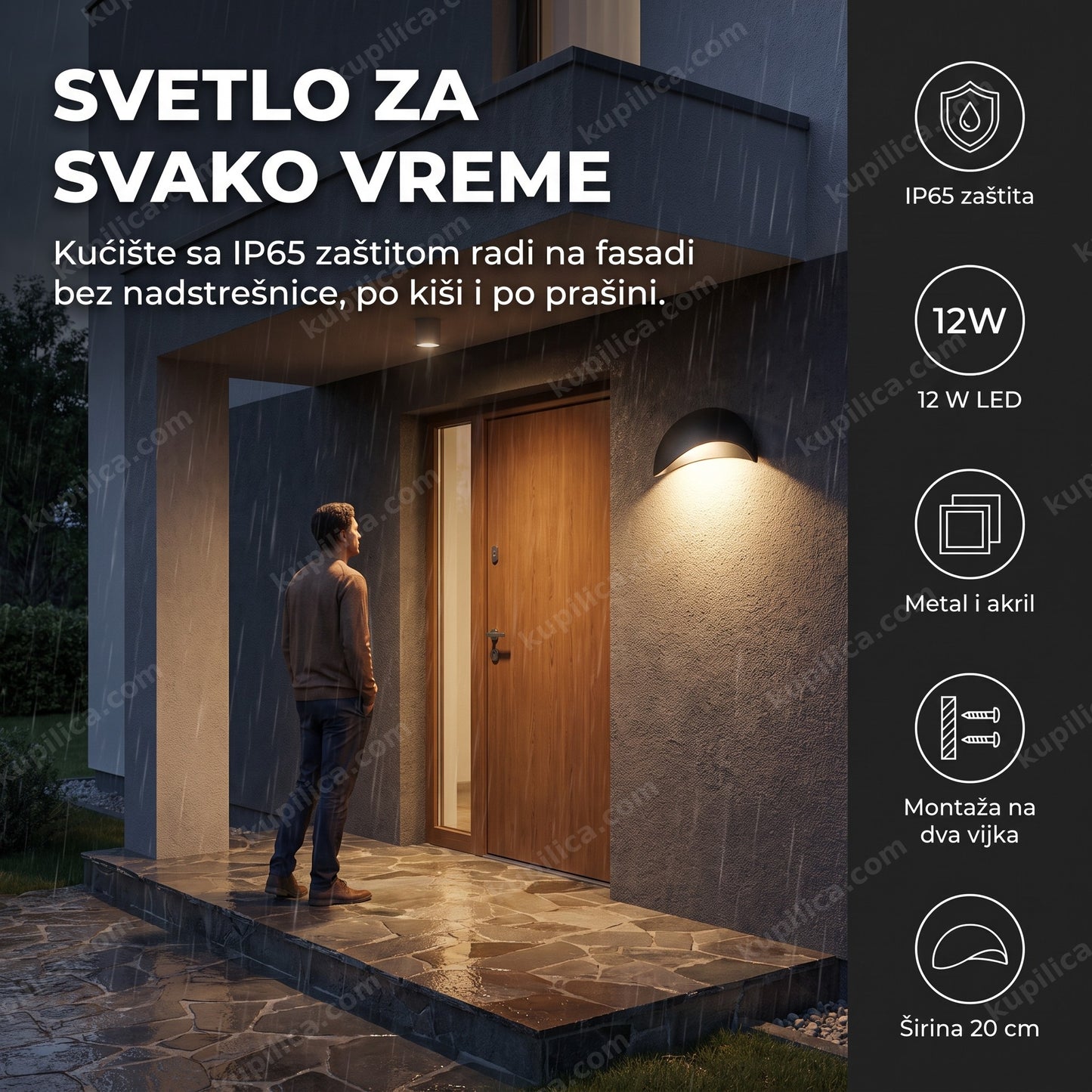 Zidna LED lampa polumesec osvetljava natkriveni ulaz u kuću po kiši