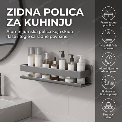 aluminijumska zidna polica za kuhinju i kupatilo sa flašama i teglama na zidu, benefiti proizvoda