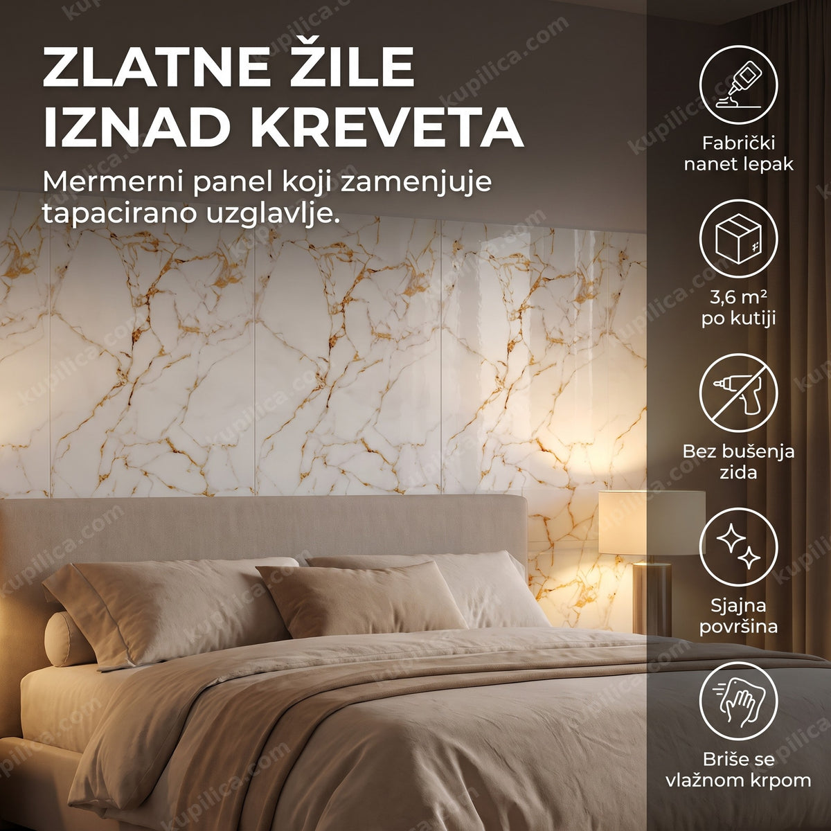 zidne obloge bele sa zlatnim zilama iznad uzglavlja kreveta u spavaćoj sobi