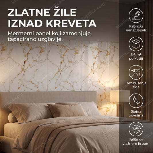 zidne obloge bele sa zlatnim zilama iznad uzglavlja kreveta u spavaćoj sobi
