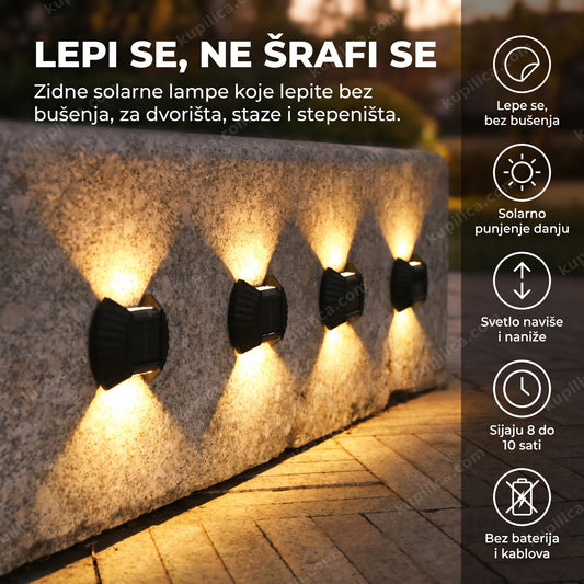 set od 4 zidne solarne lampe na kamenom zidu noću, benefiti proizvoda