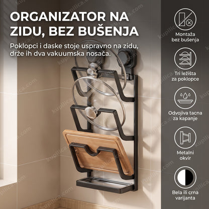 metalni zidni držač za poklopce šerpi sa daskom za sečenje u kuhinji