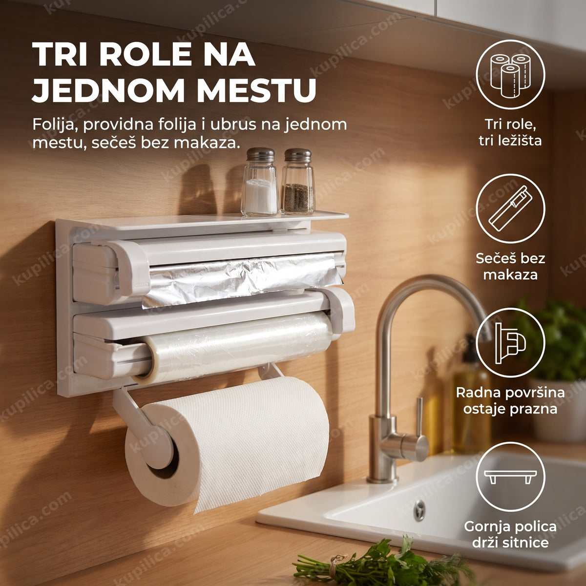 zidni držač za ubruse i folije montiran iznad radne površine u kuhinji, benefiti proizvoda