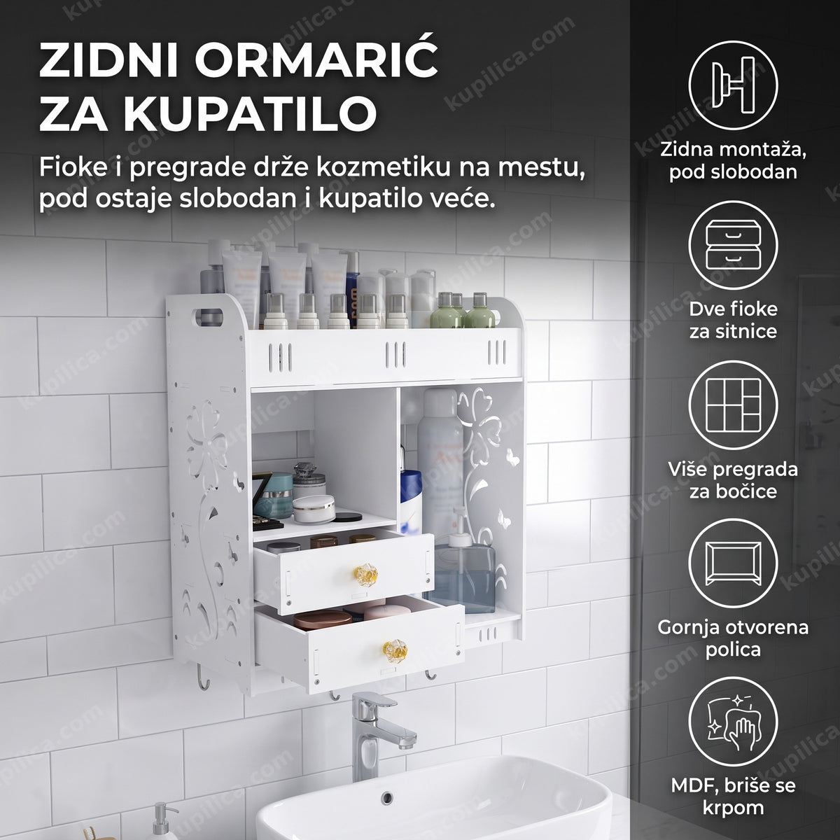 beli zidni ormarić za kupatilo sa otvorenim fiokama iznad lavaboa, benefiti proizvoda