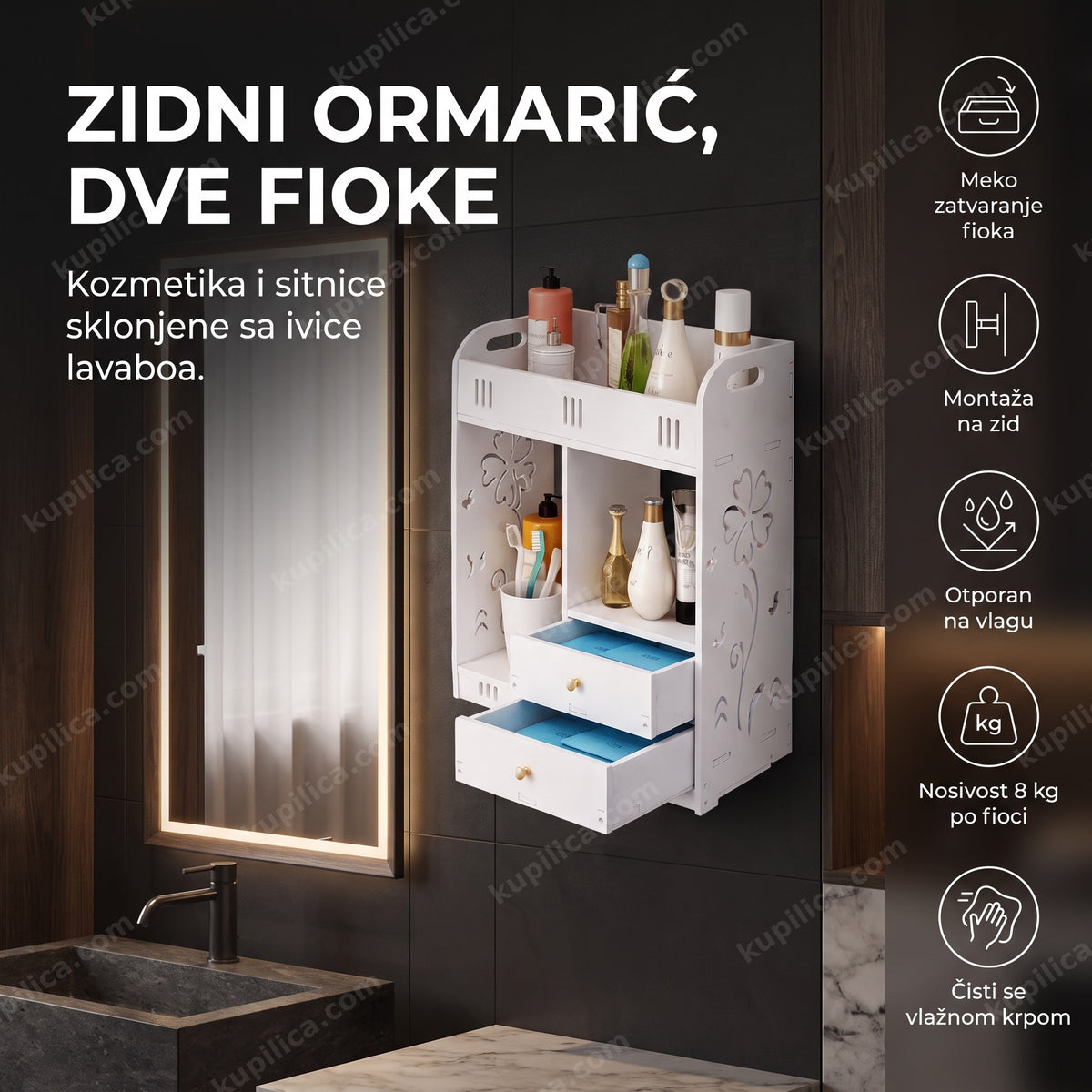Beli zidni ormarić za kupatilo sa dve fioke iznad lavaboa, benefiti proizvoda