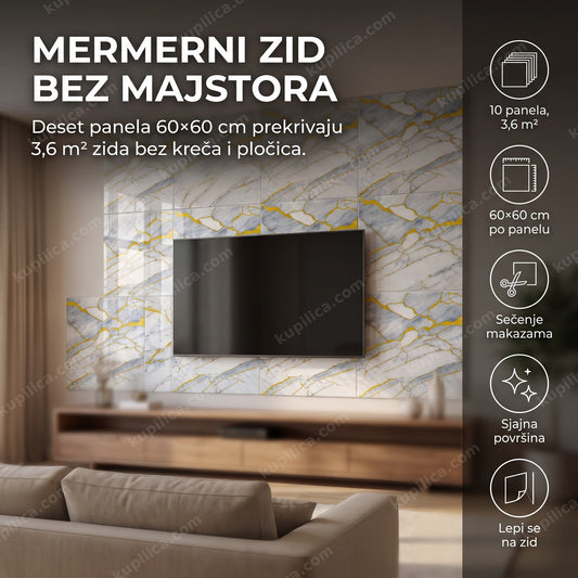 zidni paneli beli mermer sa zlatnim žilama na zidu iza televizora u dnevnoj sobi
