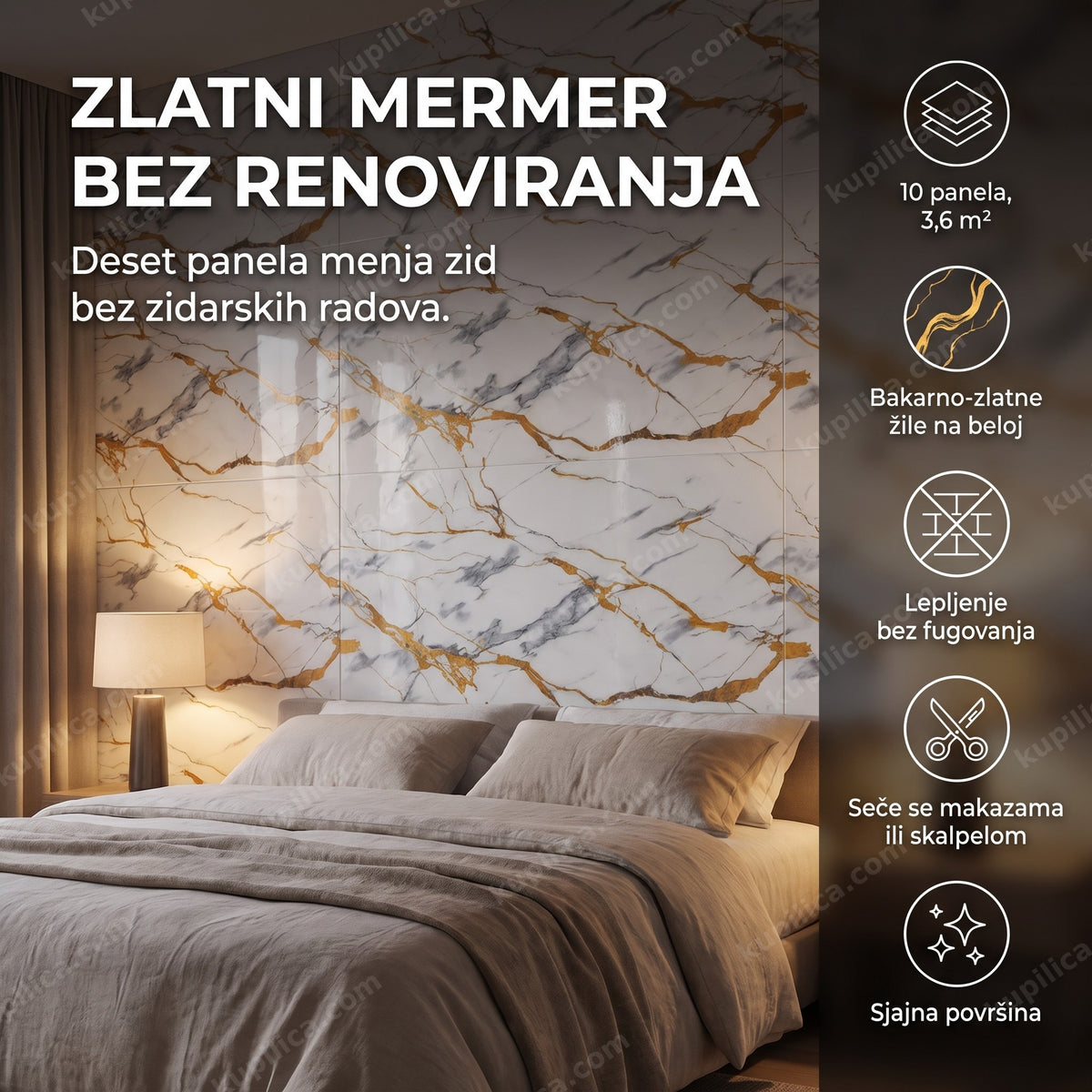 zidni paneli mermer zlatni iza televizora u spavaćoj sobi