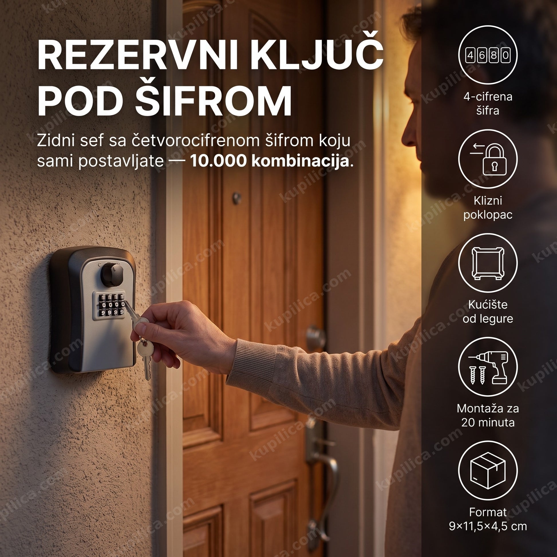 Mini sef za ključeve sa šifrom, zidni sivi — odrasla osoba unosi četvorocifrenu šifru i vadi rezervni ključ ispred ulaznih vrata