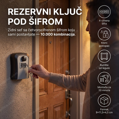 Mini sef za ključeve sa šifrom, zidni sivi — odrasla osoba unosi četvorocifrenu šifru i vadi rezervni ključ ispred ulaznih vrata