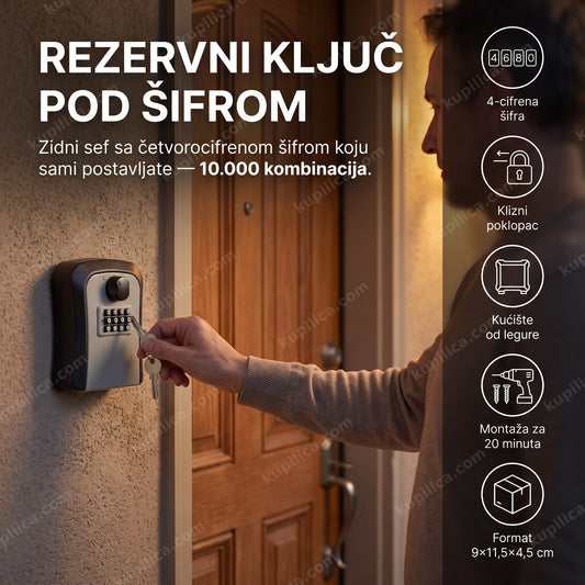 Mini sef za ključeve sa šifrom, zidni sivi — odrasla osoba unosi četvorocifrenu šifru i vadi rezervni ključ ispred ulaznih vrata