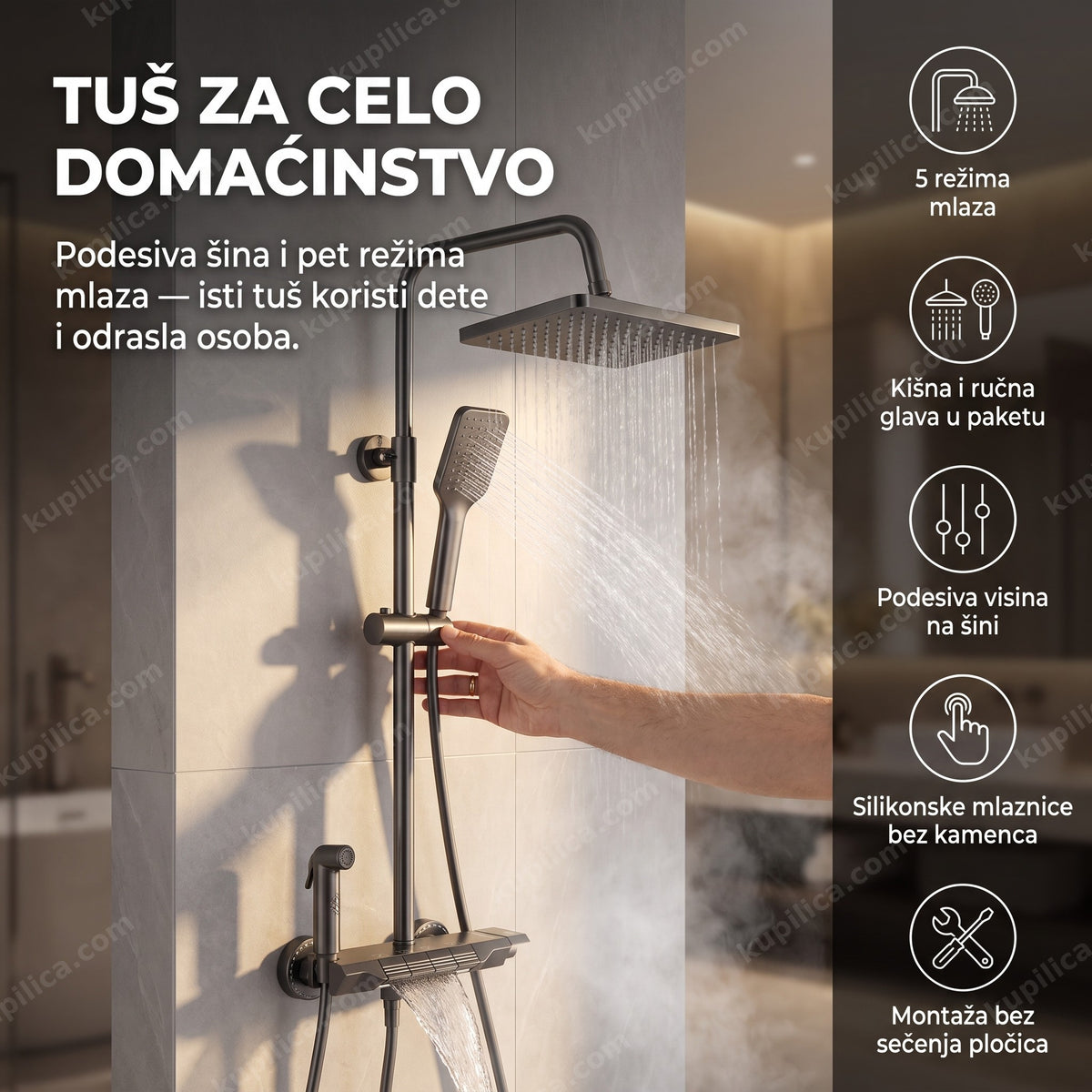 zidni tuš 5u1 montiran u kupatilu sa kišnom i ručnom glavom, benefiti proizvoda