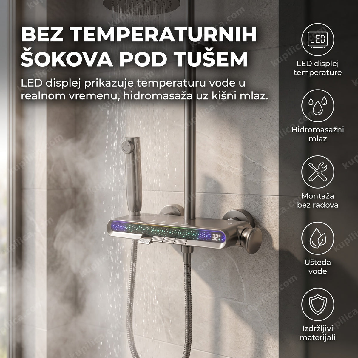 zidni tuš sa LED displejom — panel montiran na zid sa prikazom temperature vode