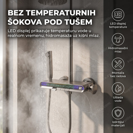 zidni tuš sa LED displejom — panel montiran na zid sa prikazom temperature vode