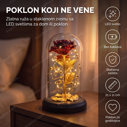 Zlatna ruža u staklenom zvonu sa LED svetlima na noćnom stočiću, poklon za godišnjicu