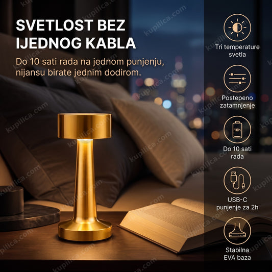 Zlatna stona lampa na dodir sa toplim svetlom na noćnom stočiću, benefiti proizvoda