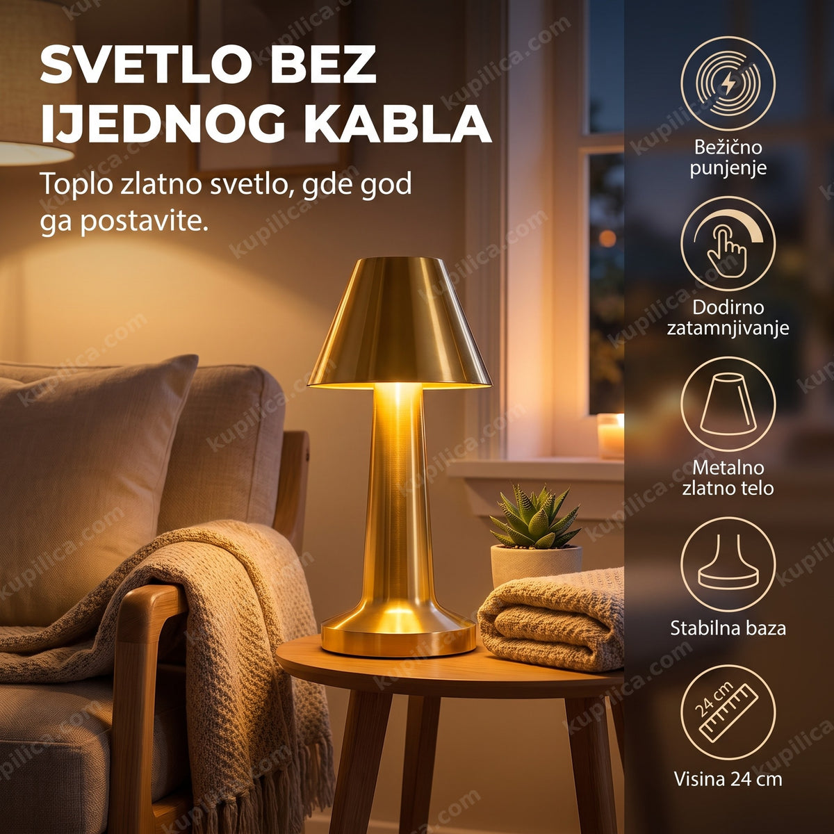 Zlatna stona lampa na dodir u obliku kupe pored fotelje uveče