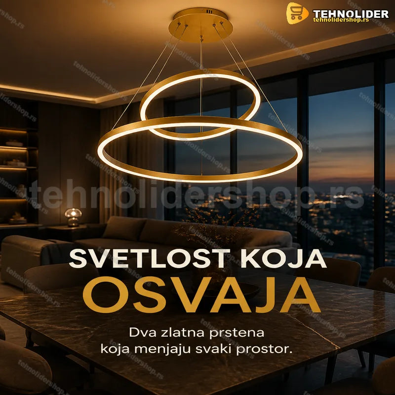 Zlatni luster sa dva prstena — mat zlatna konstrukcija na sajlama