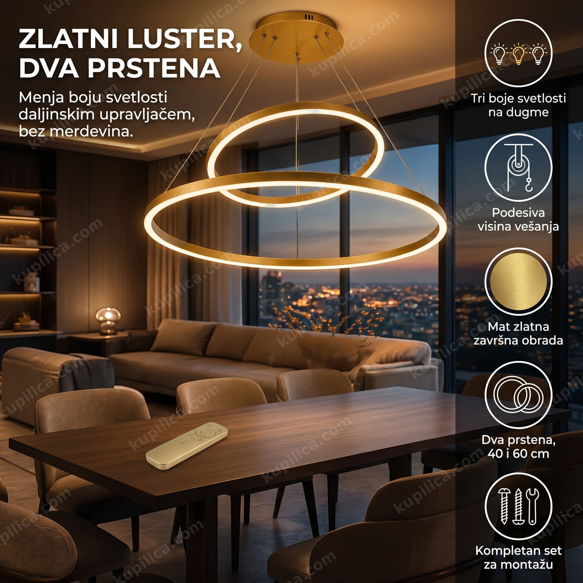 Zlatni luster sa dva prstena iznad trpezarijskog stola u elegantnom enterijeru