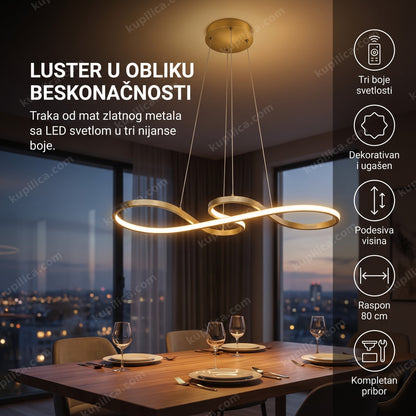 Zlatni luster u obliku beskonačnosti iznad trpezarijskog stola, prikaz benefita proizvoda