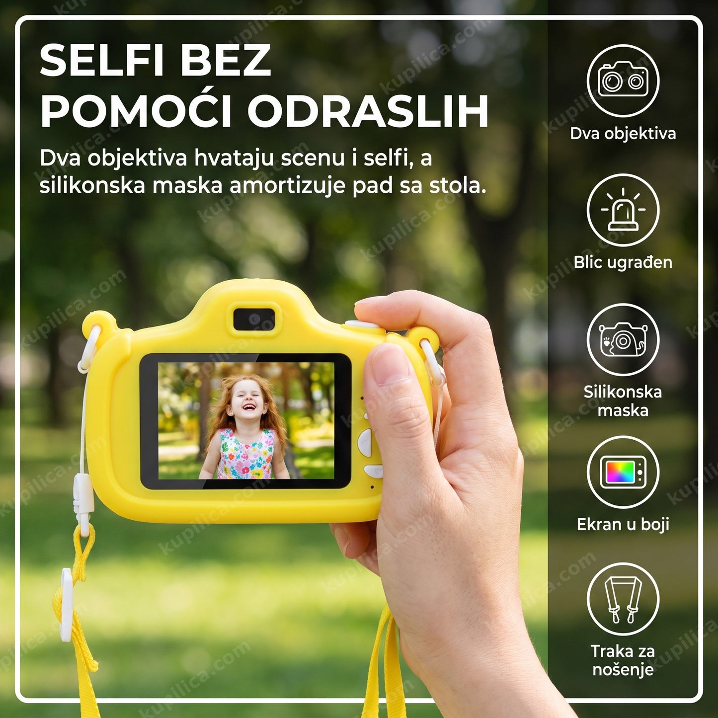 Roditelj drži žutu digitalnu kameru za decu u parku, na ekranu je fotografija deteta