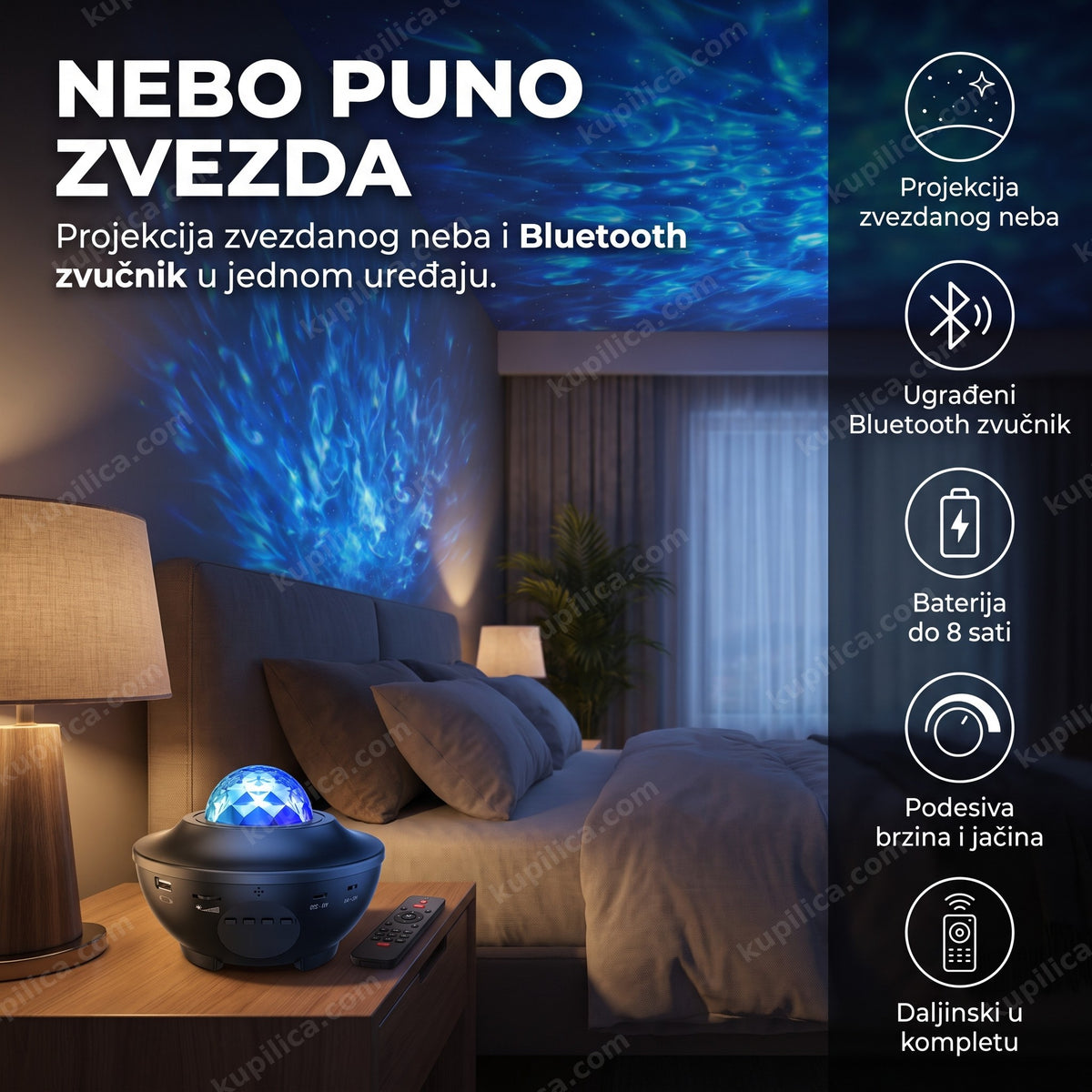 zvezdani projektor sa bluetooth zvučnikom projektuje zvezdano nebo u spavaćoj sobi, benefiti proizvoda